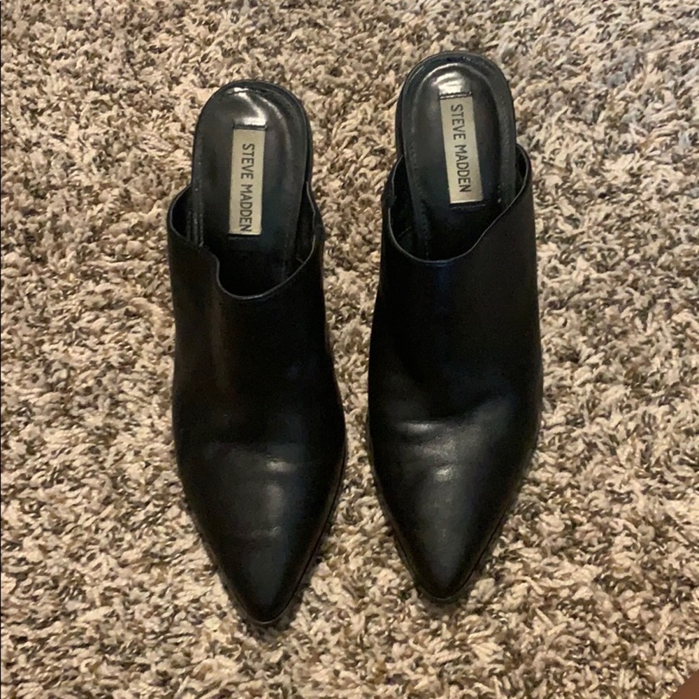 Black Chunky Heeled Mules
